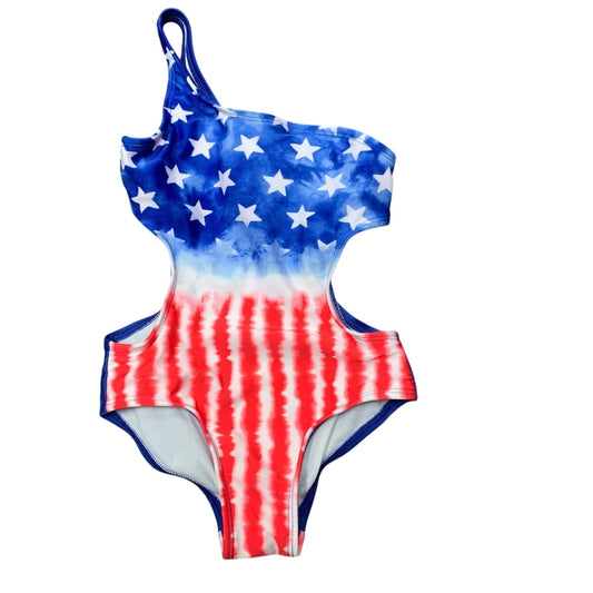 New Art Class Girls Size XL (14) One Shoulder Patriotic USA Stars Swimsuit