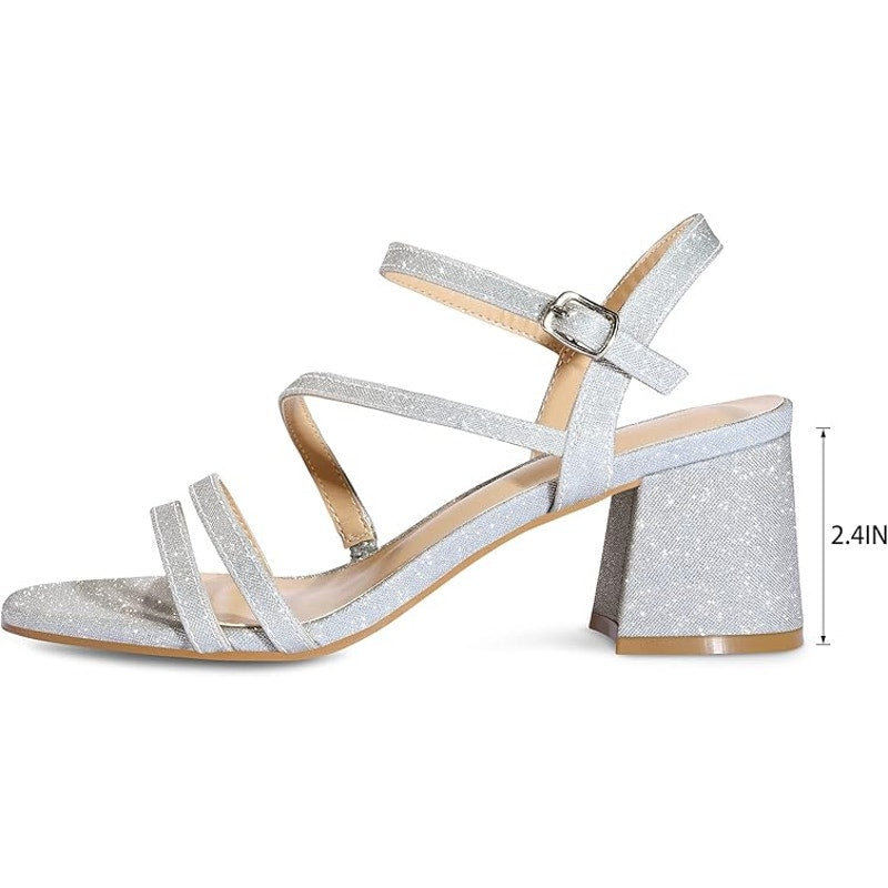 Mysoft Womens Size 9 Silver Glitter 2.5" Block Heel Open Toe Ankle Strap Shoes