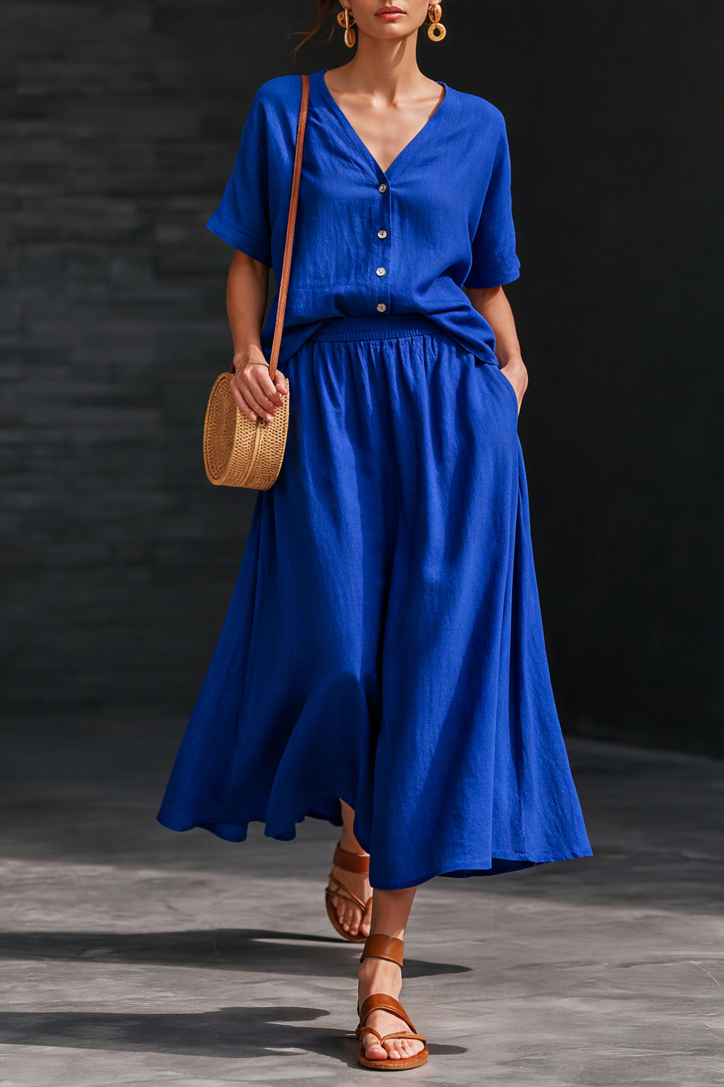 Women's Cotton-Linen V-Neck Button-Up Top & Long Skirt Set
