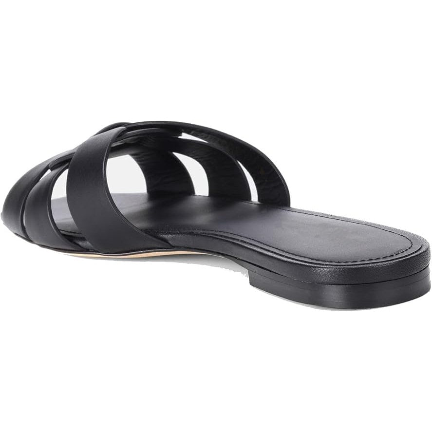 Theshy Womens Size 8.5 Black Faux Leather Open Toe Slide On Flat Sandal Shoes