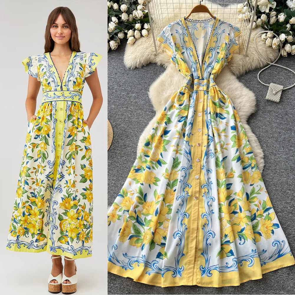 Blue Willow V-Neck Sleeveless Dress – Summer A-Line Maxi, Elegant Mandarin-Inspired Print
