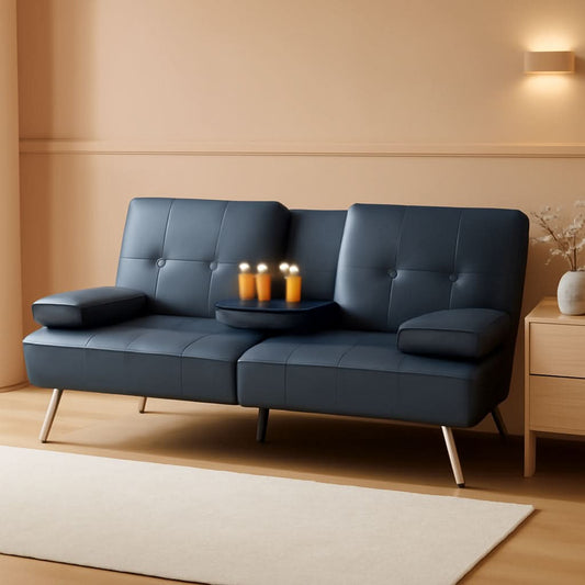 Blue Faux Leather Convertible Futon Sofa Bed Adjustable-0