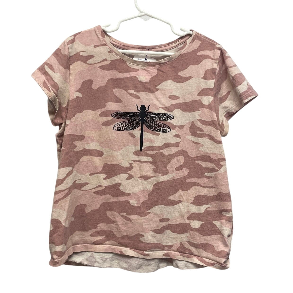Hand Printed Upcycled Child XL (14/16) Dragonfly Short Sleeve Pink Camo Tee