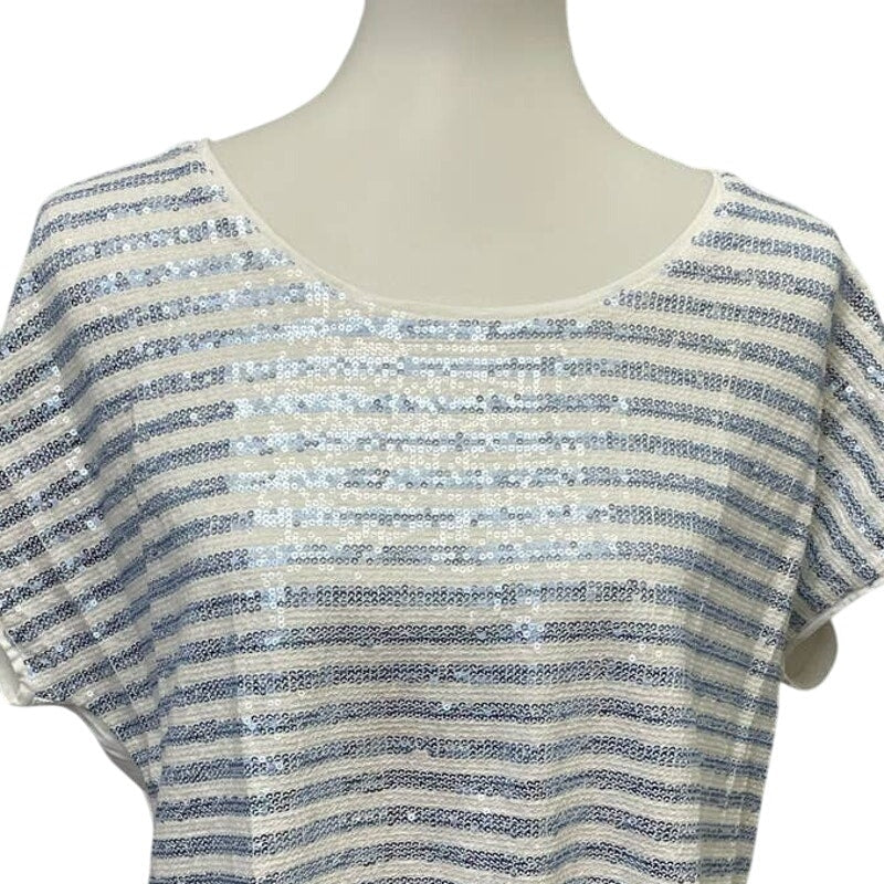 Chico's Size 2 Large Short Sleeve Sequin Striped Scoop Neck Cotton Blend Tee Top