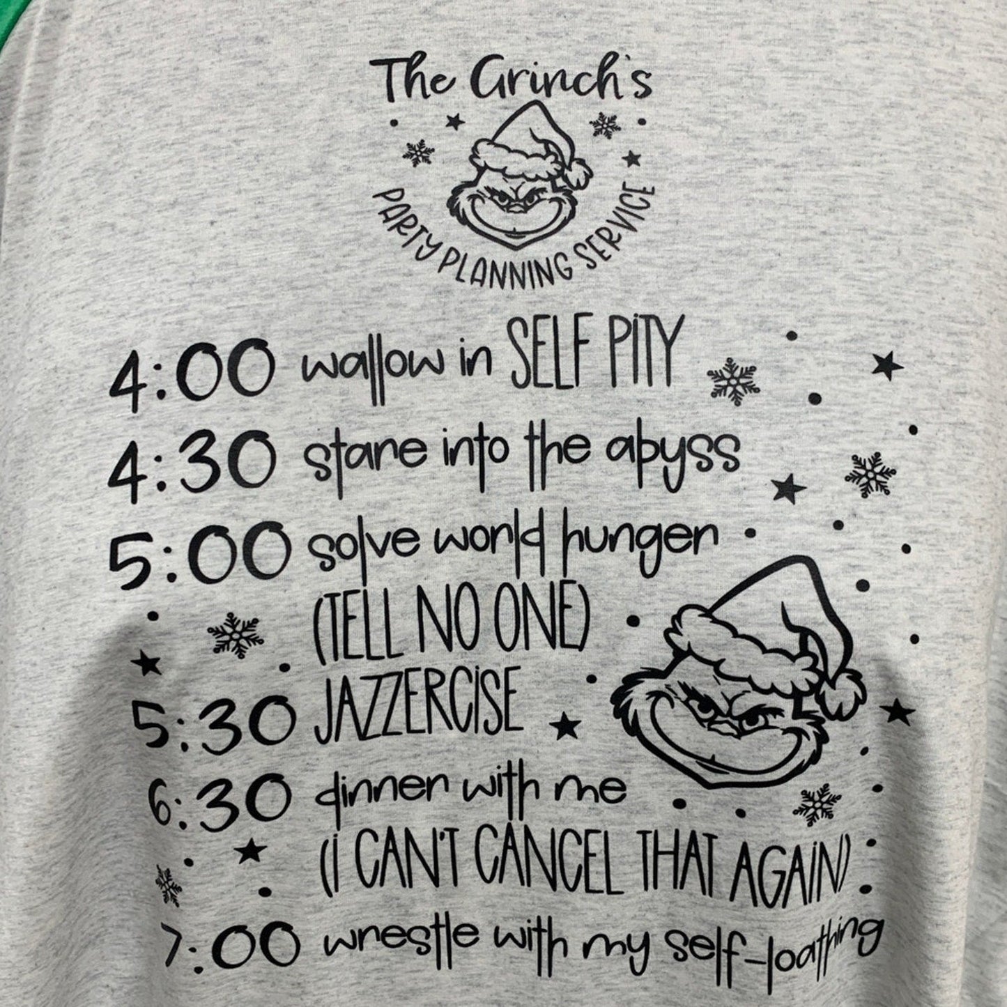 New Hand Printed Womens XL The Grinch's Party Planning Service Long Sleeve Tee