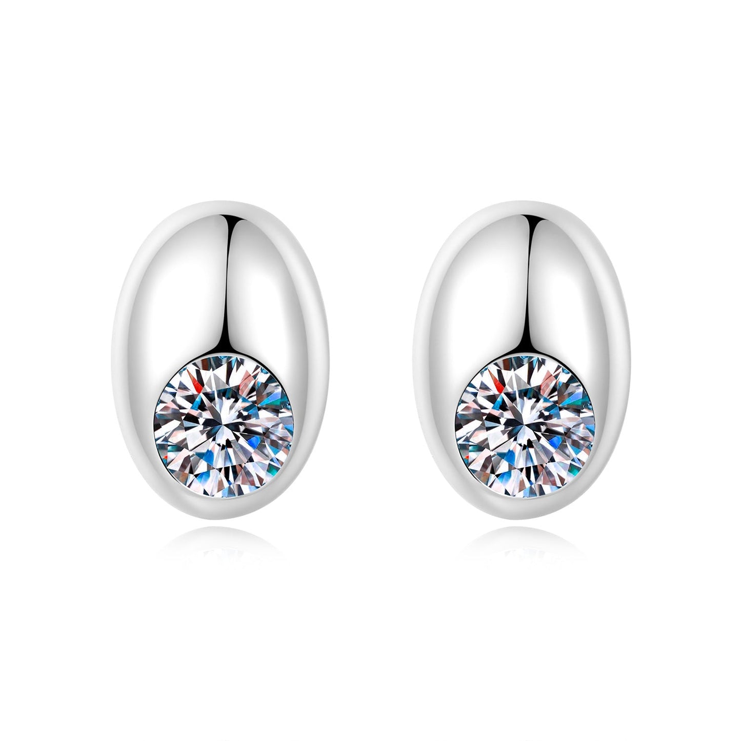 S925 Sterling Silver Oval Stud Earrings With A Single Moissanite Diamond