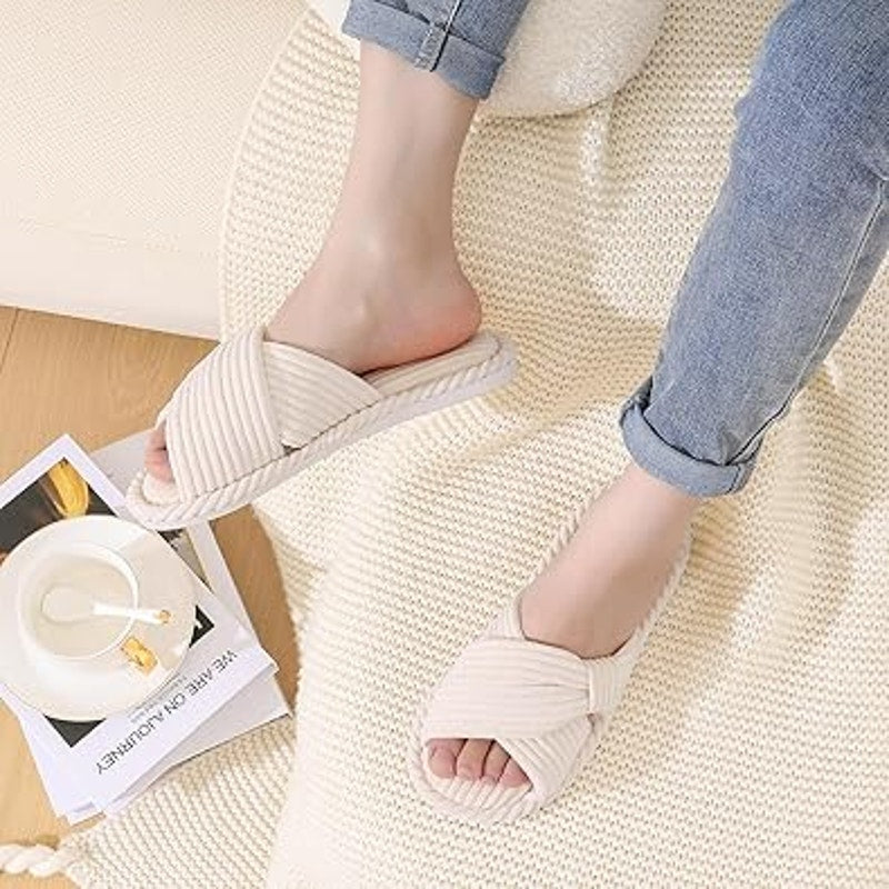Evshine Womens Size 8/9 Cream Soft Corduroy Bow Slide On Open Toe Slipper Shoes