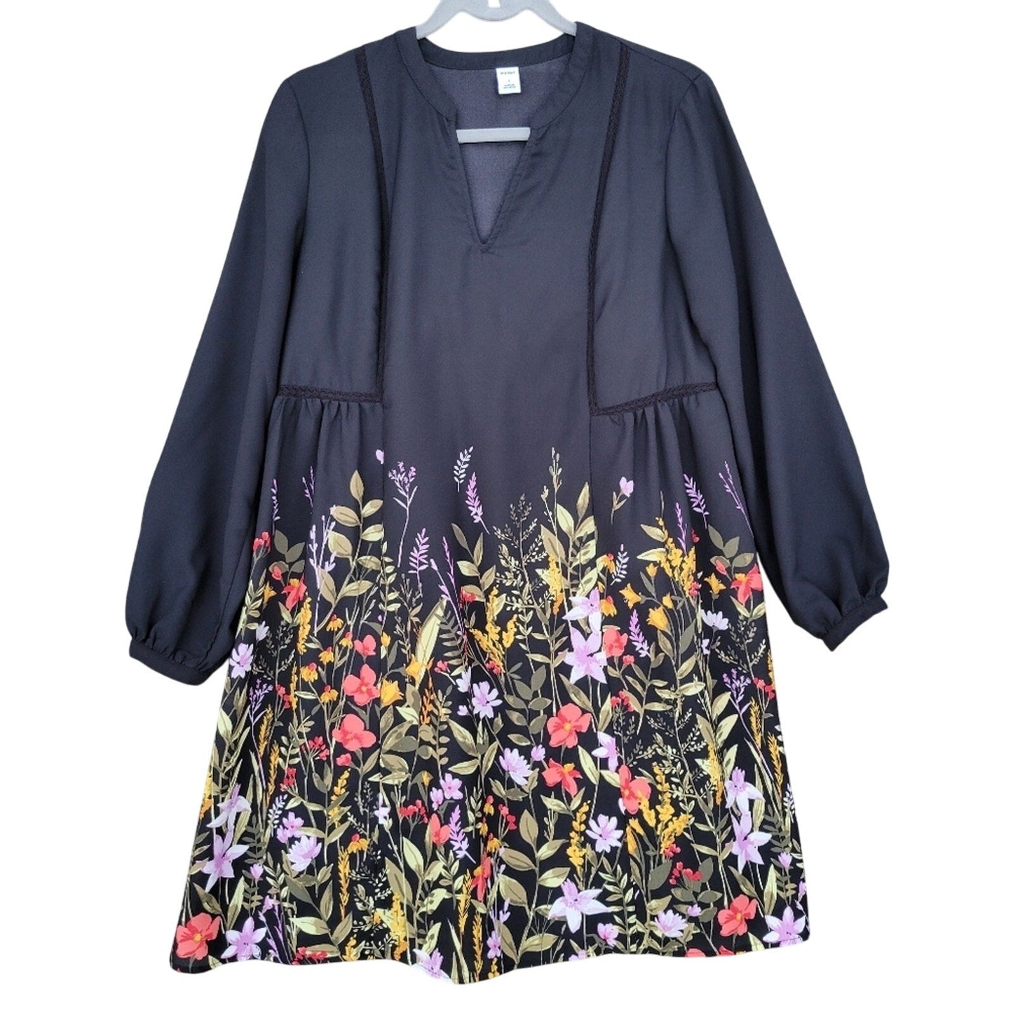 Old Navy Womens Small Black Floral Long Sleeve V Neck Sheer Shift Dress w Slip