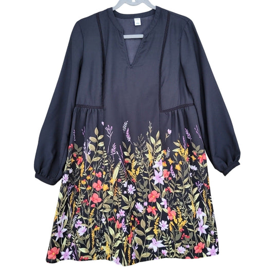Old Navy Womens Small Black Floral Long Sleeve V Neck Sheer Shift Dress w Slip