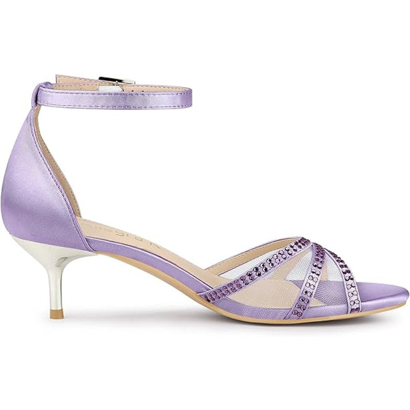Allegra K Womens Size 8.5 Purple Satin Rhinestone Mesh Ankle Strap 2" Heels