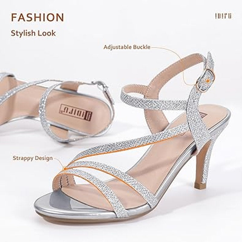New Idifu Womens 7.5 Silver Glitter Open Toe 3.5" Heel Ankle Strap Sandal Shoes