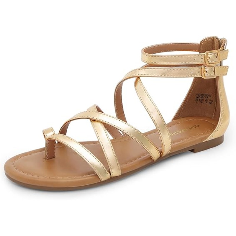 Dream Pairs Womens 10 Shiny Gold Open Toe Ankle Strap Gladiator Flat Sandals