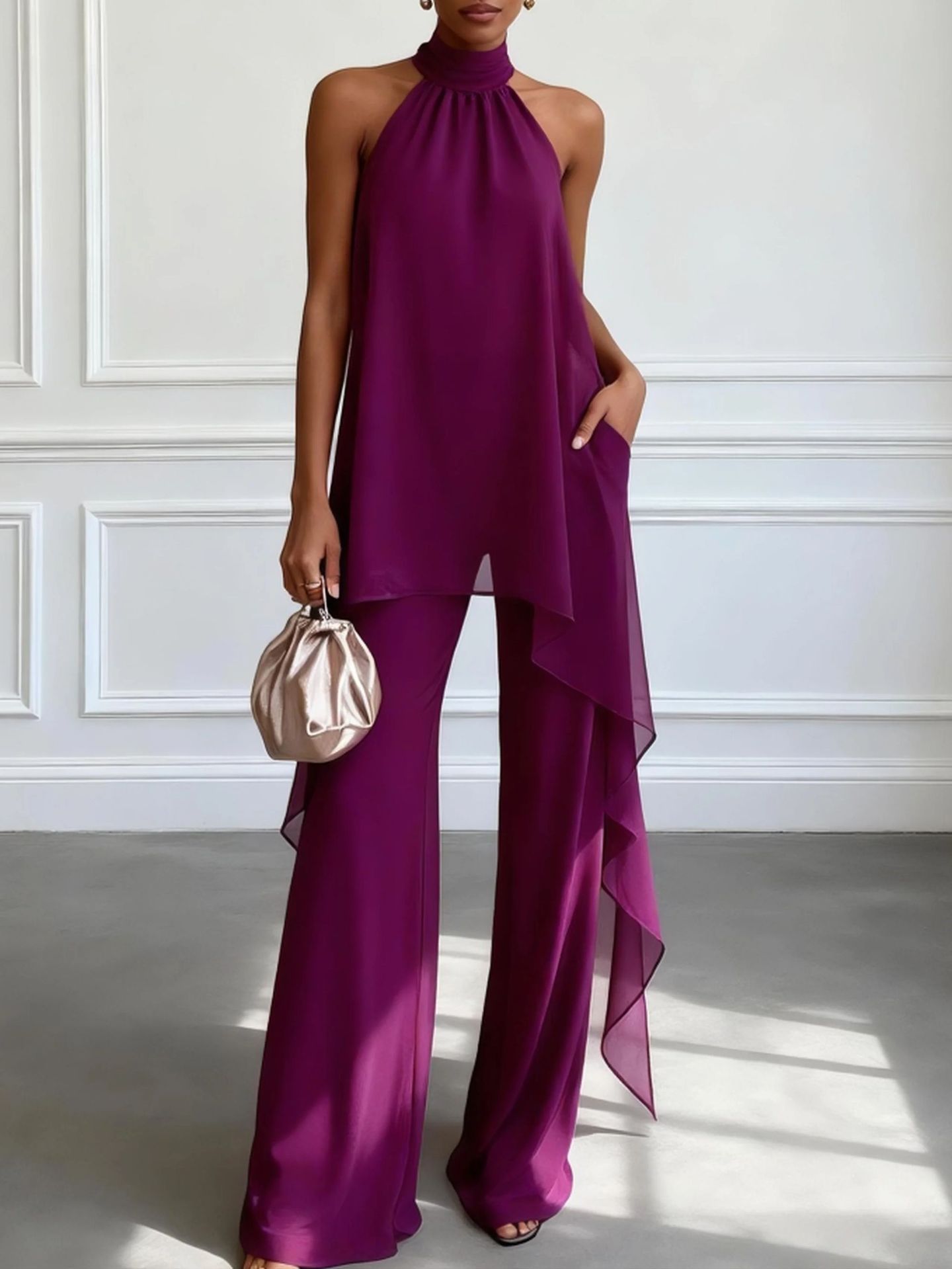 Womens Backless Sleeveless Irregular Top And Pants Two-Piece Set