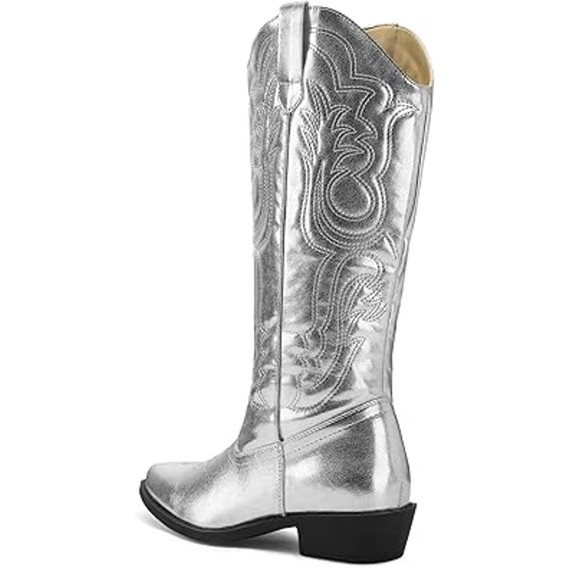 Mysoft Womens Size 8.5 Silver Faux Leather 1.5" Block Heel Western Cowboy Boots
