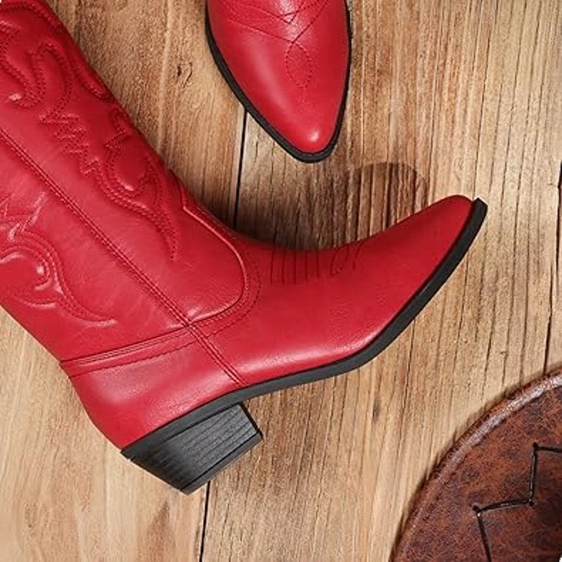 Dream Pairs Womens 8 Red Faux Leather 2" Heel Pull On Western Cowboy Boot Shoes