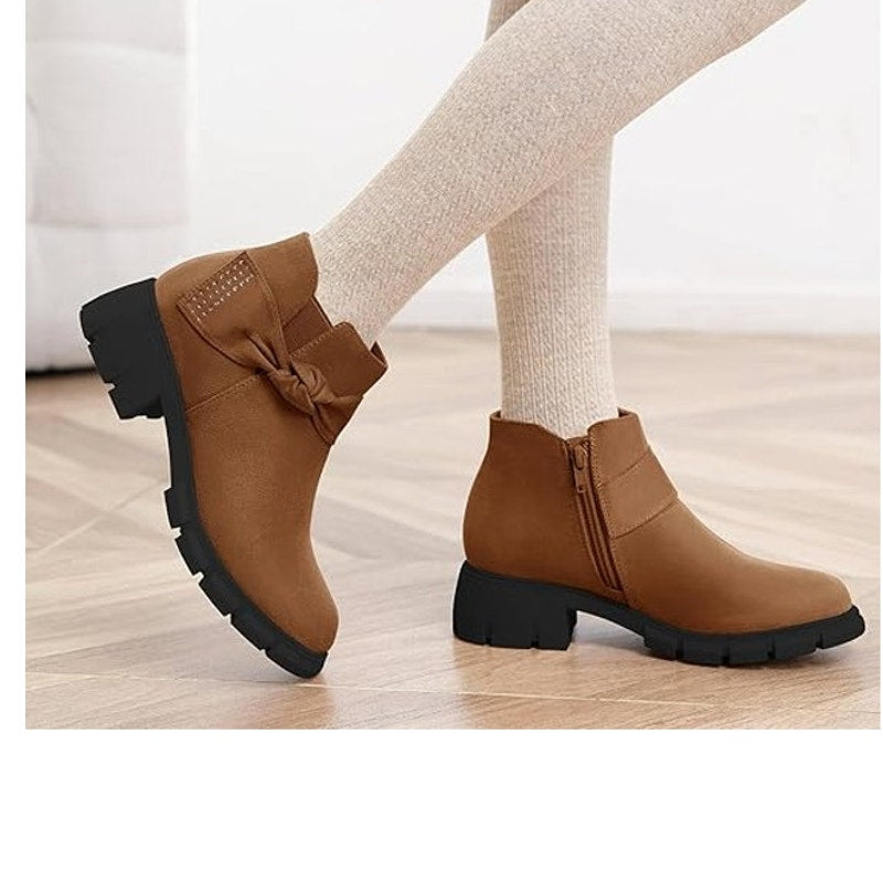 Coutgo Girls Size 10 Brown Faux Suede Side Zip Low Block Heel Bow Ankle Boots