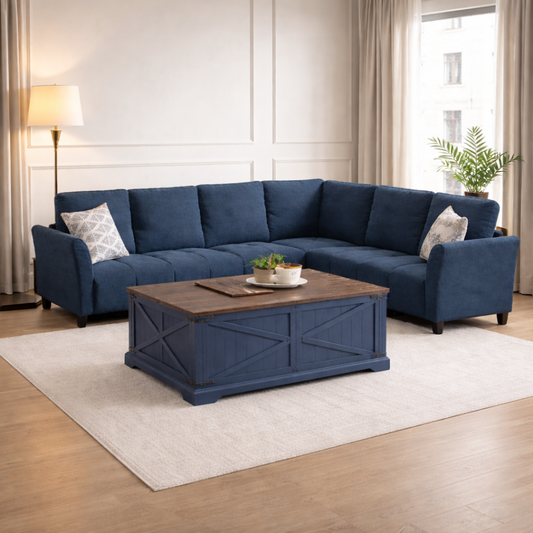 103 Inch Blue L-Shaped Sectional Sofa with Lift Top Storage Coffee Table Set-0