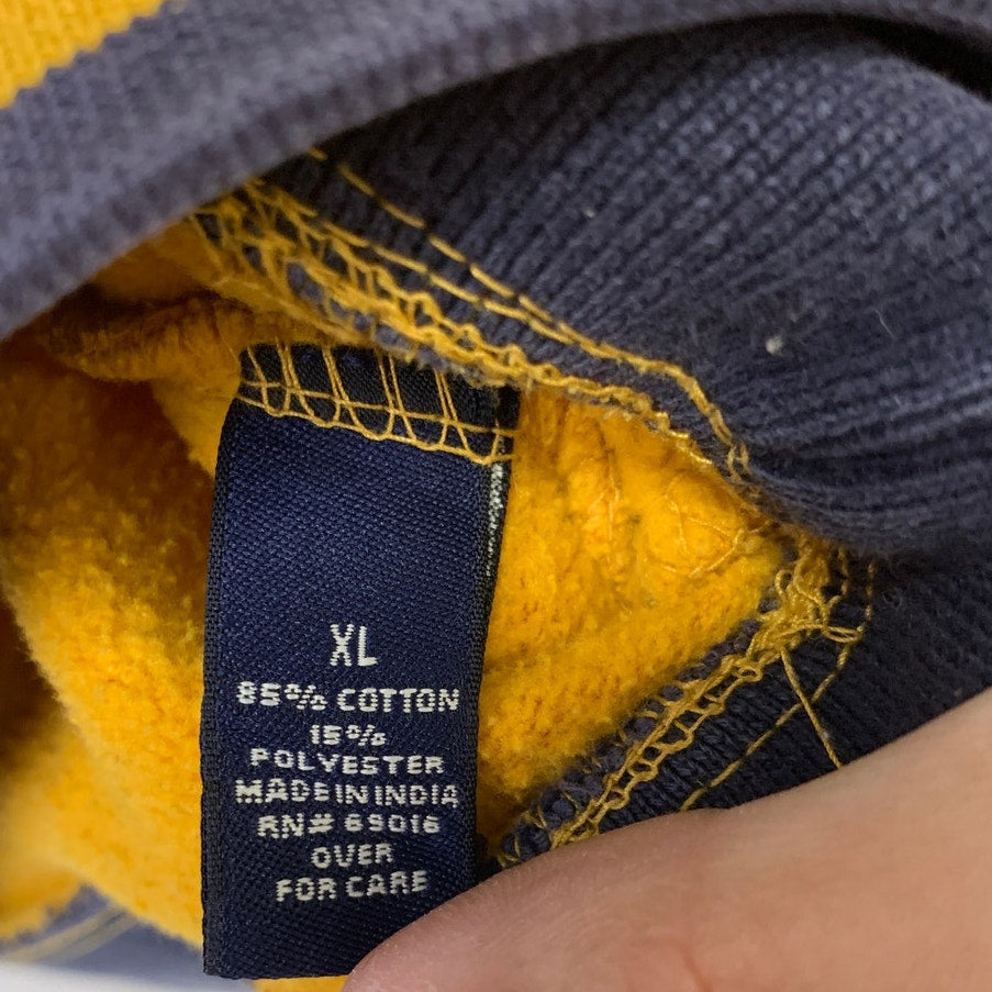 Upcycled Hand Printed Womens XL Yellow Blue Wild Bird Long Sleeve Sweatshirt