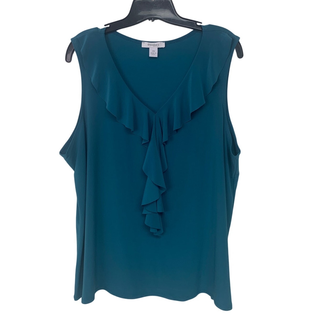 DressBarn Womens 2X Deep Teal PolySpandex Sleeveless V Neck Ruffled Blouse