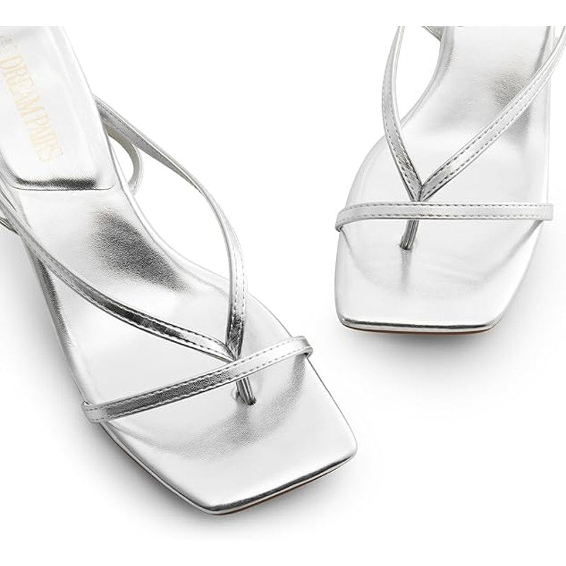 Dream Pairs Womens Size 7.5 Silver 3" Heel Open Square Toe Ankle Strap Shoes