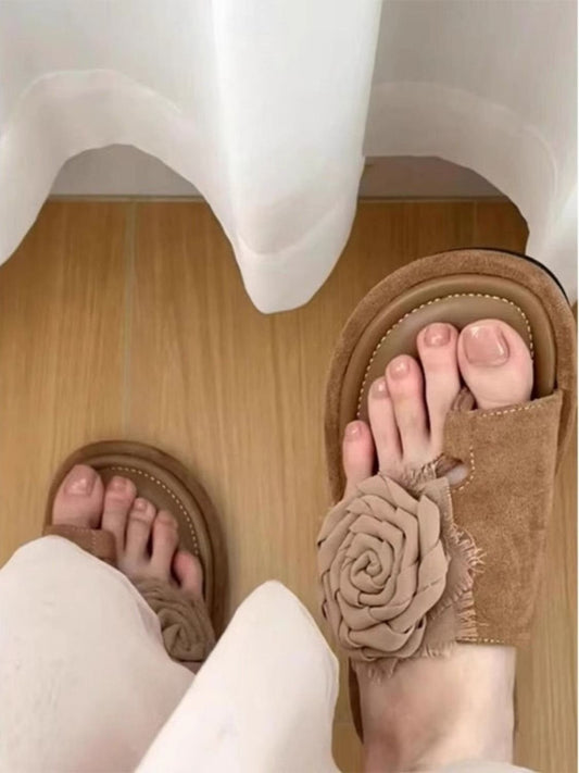 Vintage Toe Post Rose Sandal Slides For Women, Summer Flat Anti-Slip Beach Unique Trendy Ladies Slippers