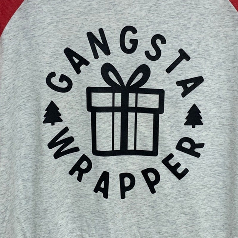 New Hand Printed Womens Large Gangsta Wrapper Christmas Long Sleeve Tee Shirt