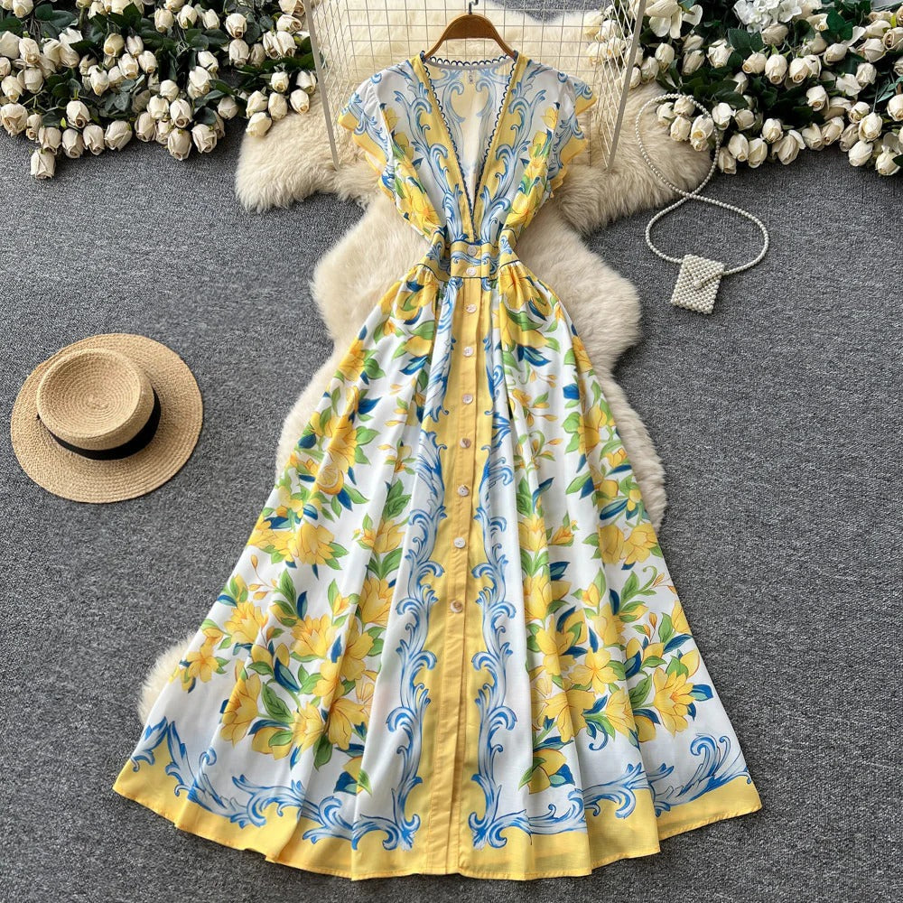 Blue Willow V-Neck Sleeveless Dress – Summer A-Line Maxi, Elegant Mandarin-Inspired Print