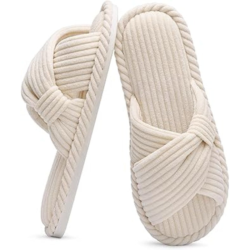 Evshine Womens Size 8/9 Cream Soft Corduroy Bow Slide On Open Toe Slipper Shoes