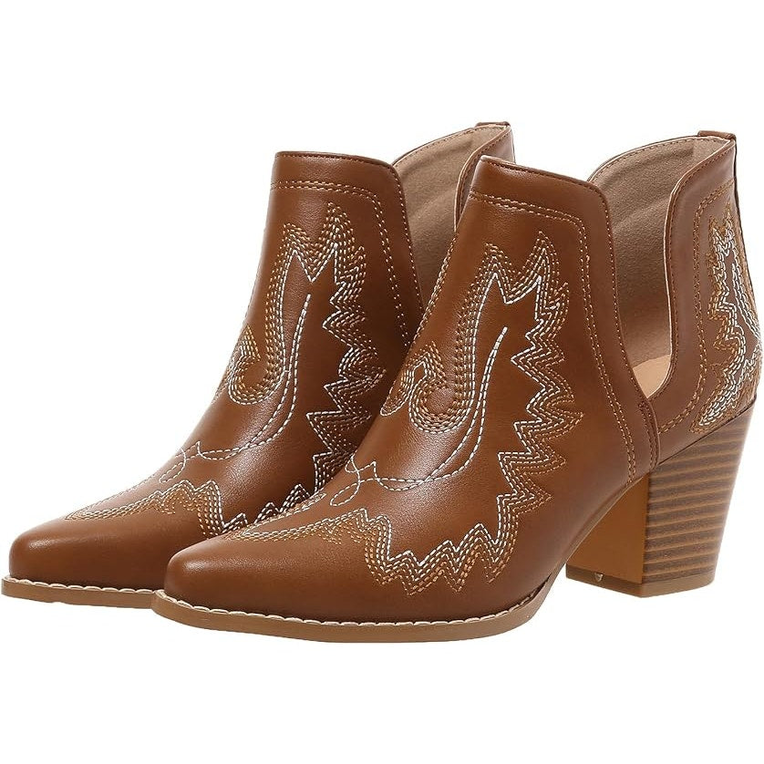 New Womens Size 5 Brown Foux Leather Embroidered 3" Block Heel Cowboy Boots