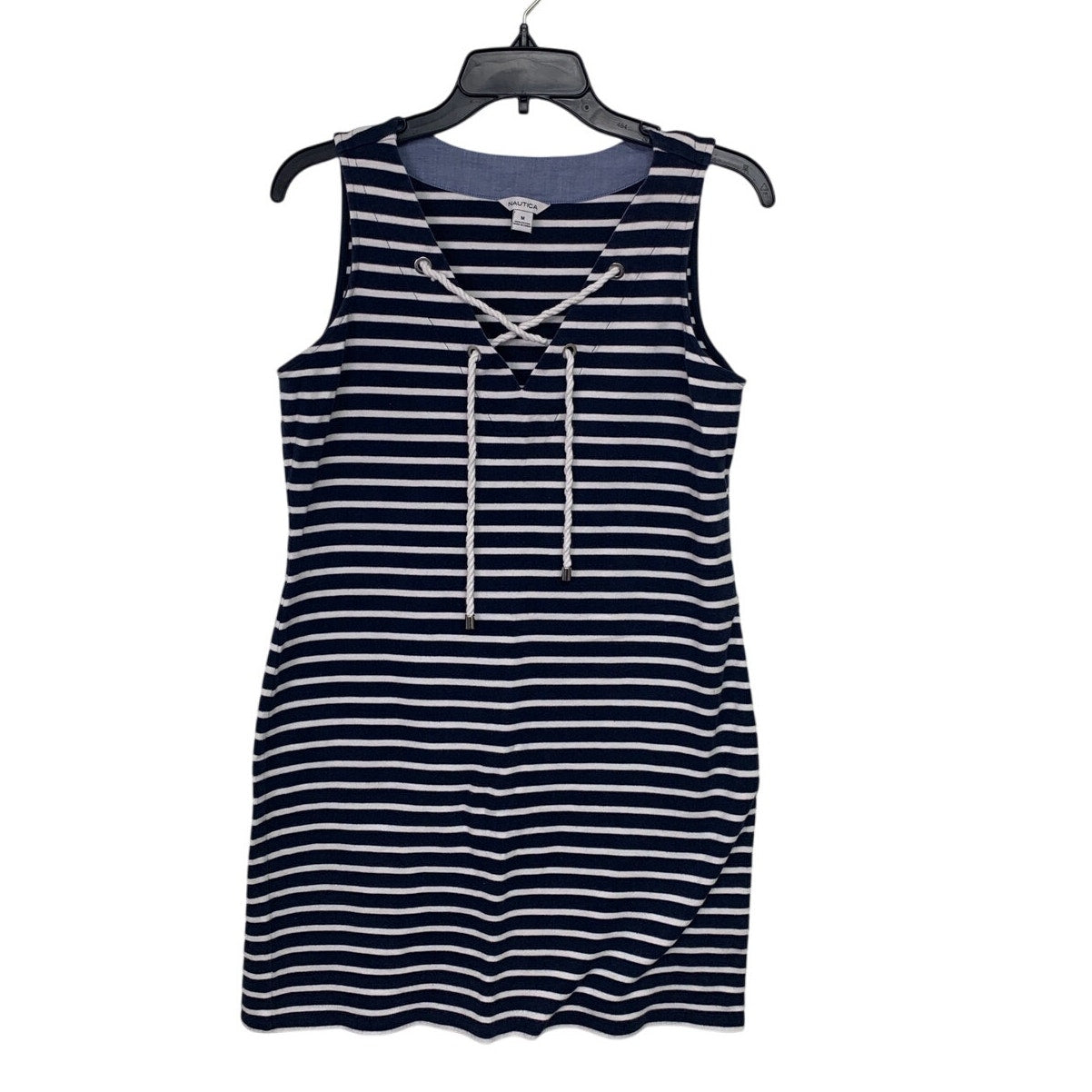 Nautica Womens Medium 100% Cotton Sleeveless Striped Lace Up V Neck Mini Dress