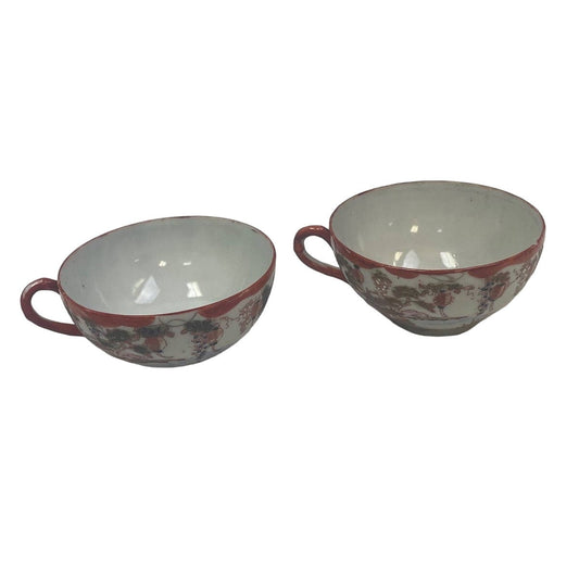 Two Vintage Orange Gold Japanese Geisha Girl Floral Porcelain Teacups w Chip