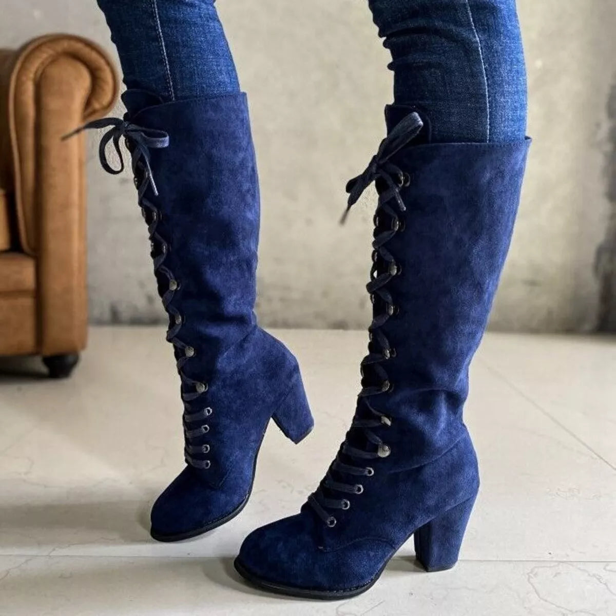 Lace Up Block Heels Boots