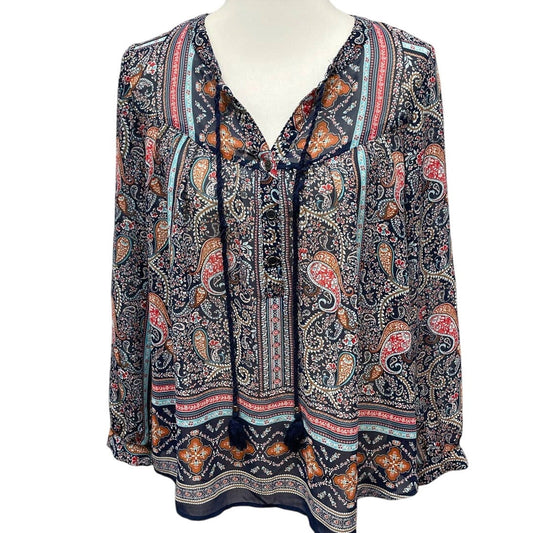 DR2 Small Long Sleeve Sheer Boho Paisley Front Tie Floral Polyester Top Blouse