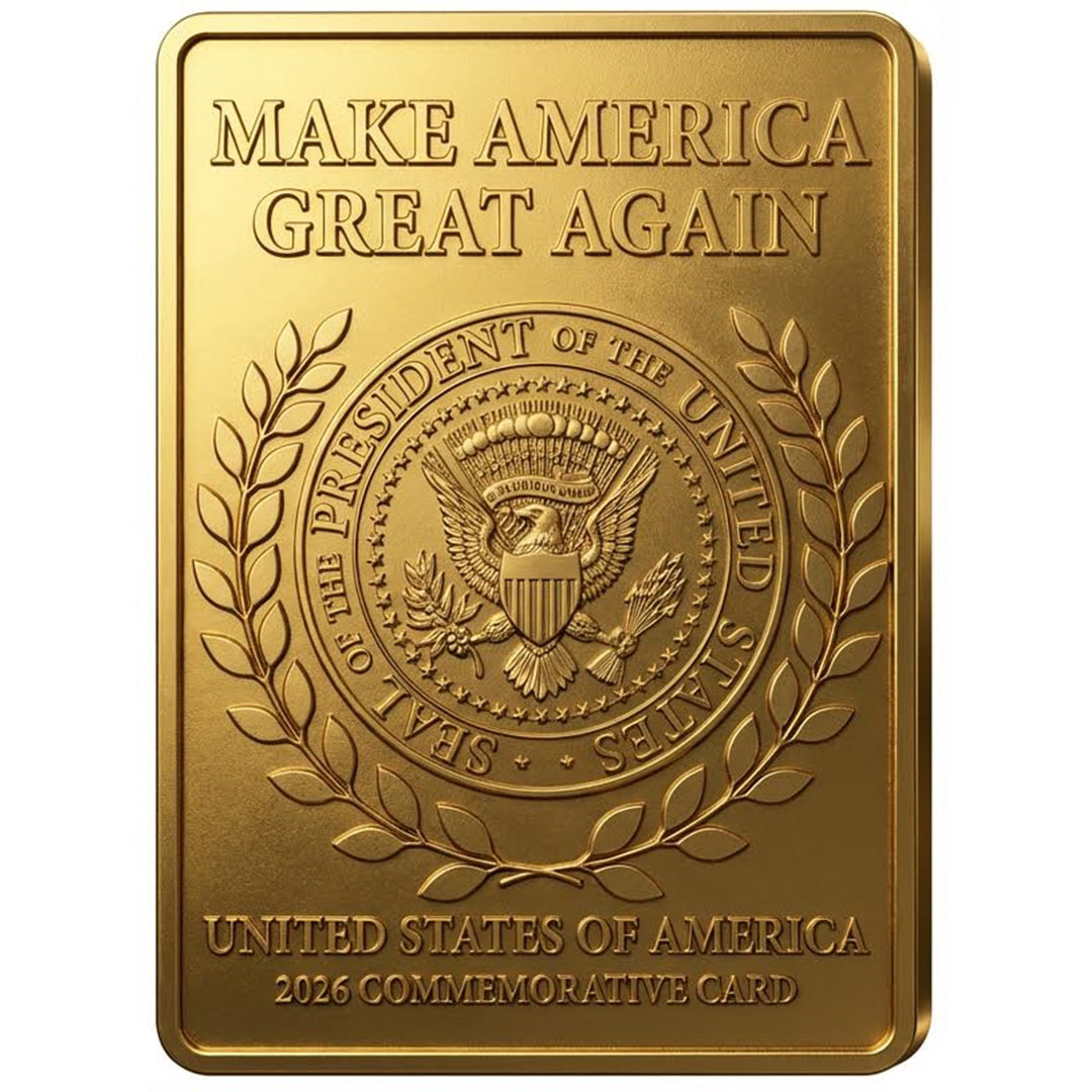 Gold commemorative card with 'Make America Great Again' text and presidential seal on a white background