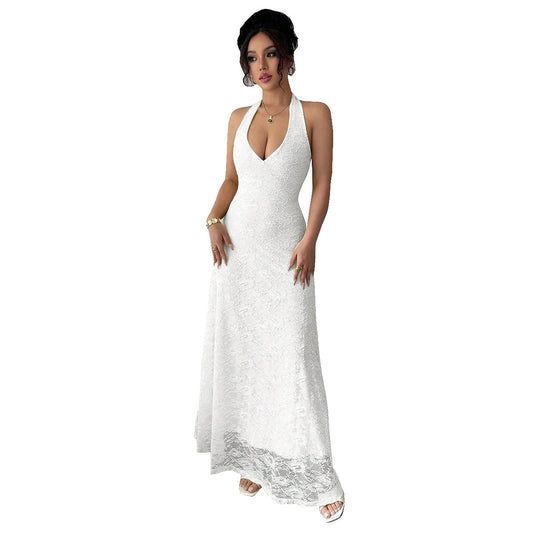 Bare your shoulders and own the room in this cheeky bareback and halter neck lace dress that's pure sophistication with a flirty twist. The plunging V-neckline and sleeveless cut let your skin shine, while the graceful A-line silhouette flatters every figure from mid-waist to floor. Crafted in delicate lace over polyester, it's breathable, comfortable, and undeniably gorgeous. The easy pullover closure means less fussing, more fabulous. 