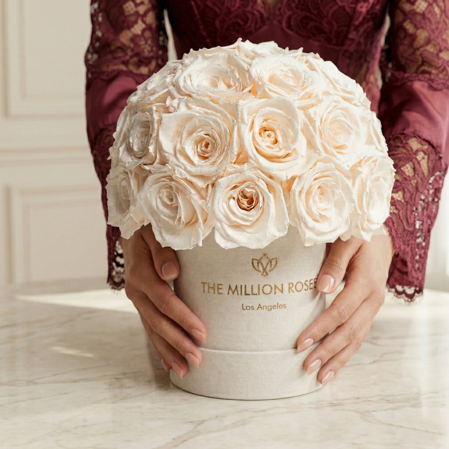 Essence Beige Suede Superdome Box | White Roses
