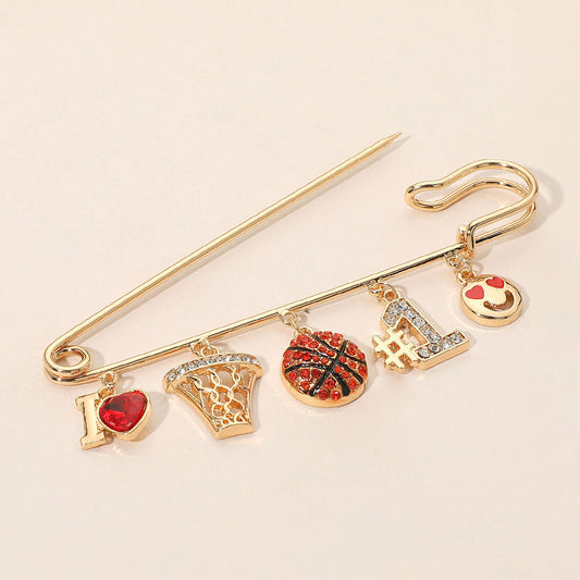 Basketball Theme Charm Safety Pin Brooch