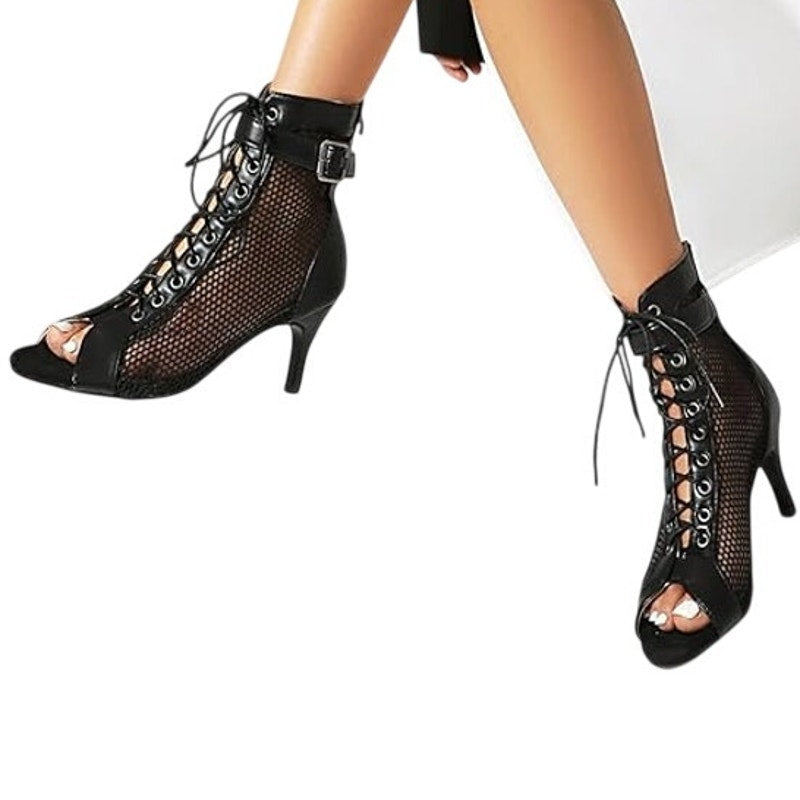 Utikliou Womens Size 5.5 Black Mesh Peep Toe High Top 3" Heel Lace Up Boots