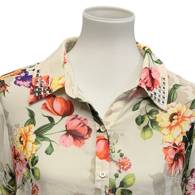 Forever 21 Womens Large Sheer Lightweight Floral Button Down Long Sleeve Blouse