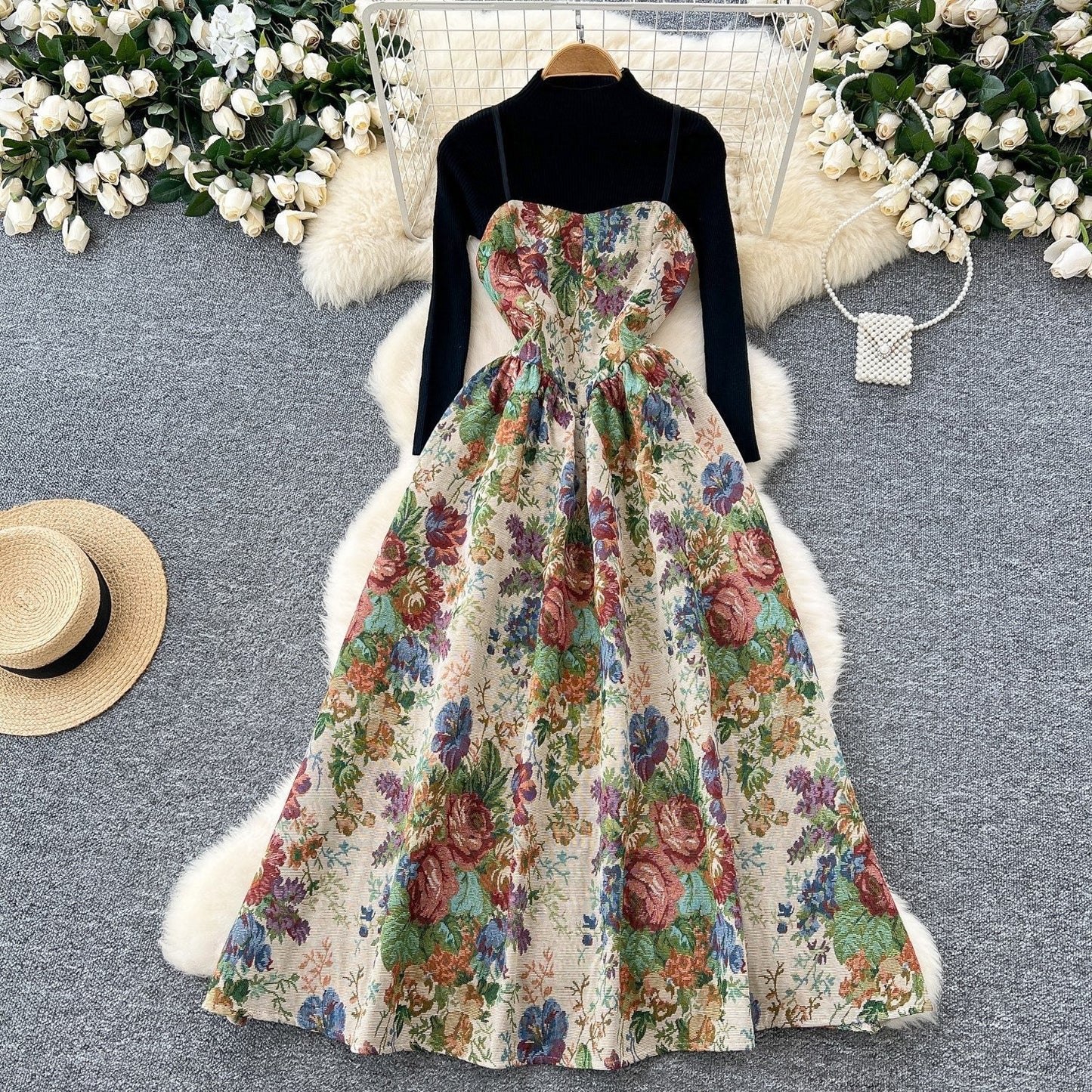 Vintage Court Jacquard Sling Dress - Embroidered Slip Midi, Women's Layering Knitting Top