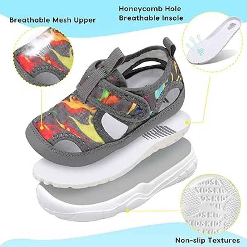 Barerun Little Boys Size 11 Gray Dinosaur Hook Loop Non Slip Water Swim Shoes