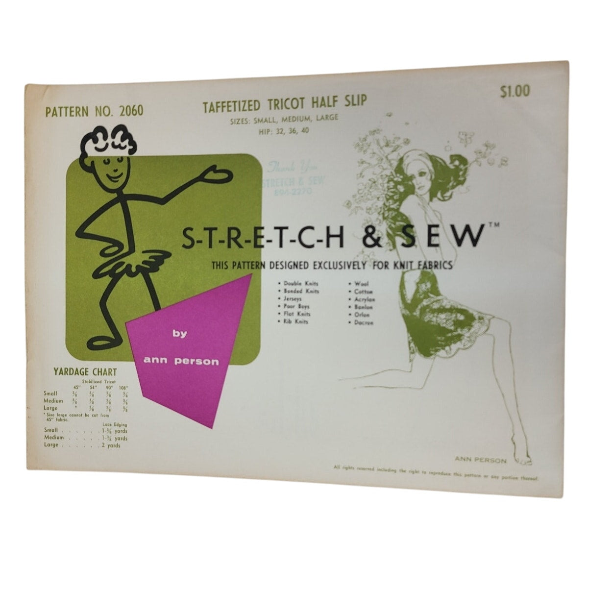 Vintage 1967 Stretch & Sew 2060 Taffetized Tricot Half Slip Uncut Sewing Pattern