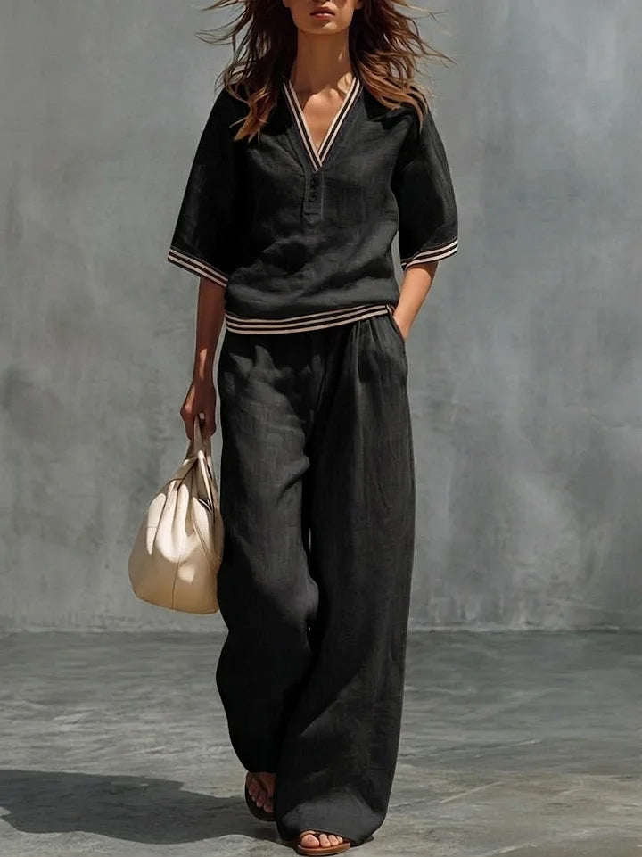 V-Neck Short-Sleeve Shirt & Pants Set – Cotton-Linen Two-Piece