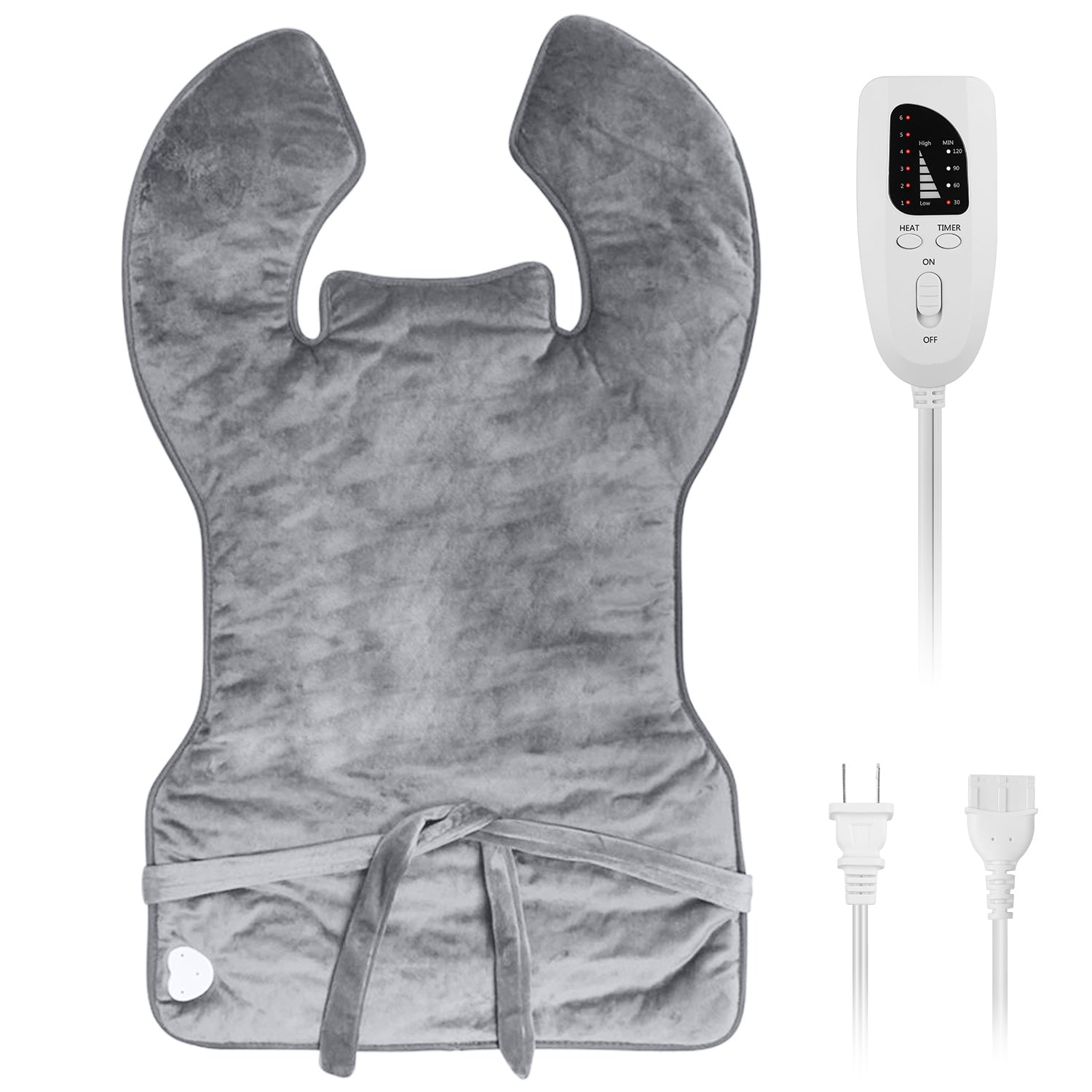 Gray heating pad with digital controller on a white background