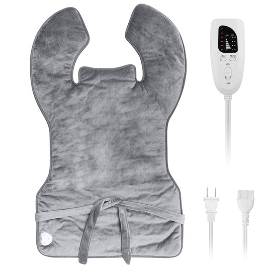 Gray heating pad with digital controller on a white background