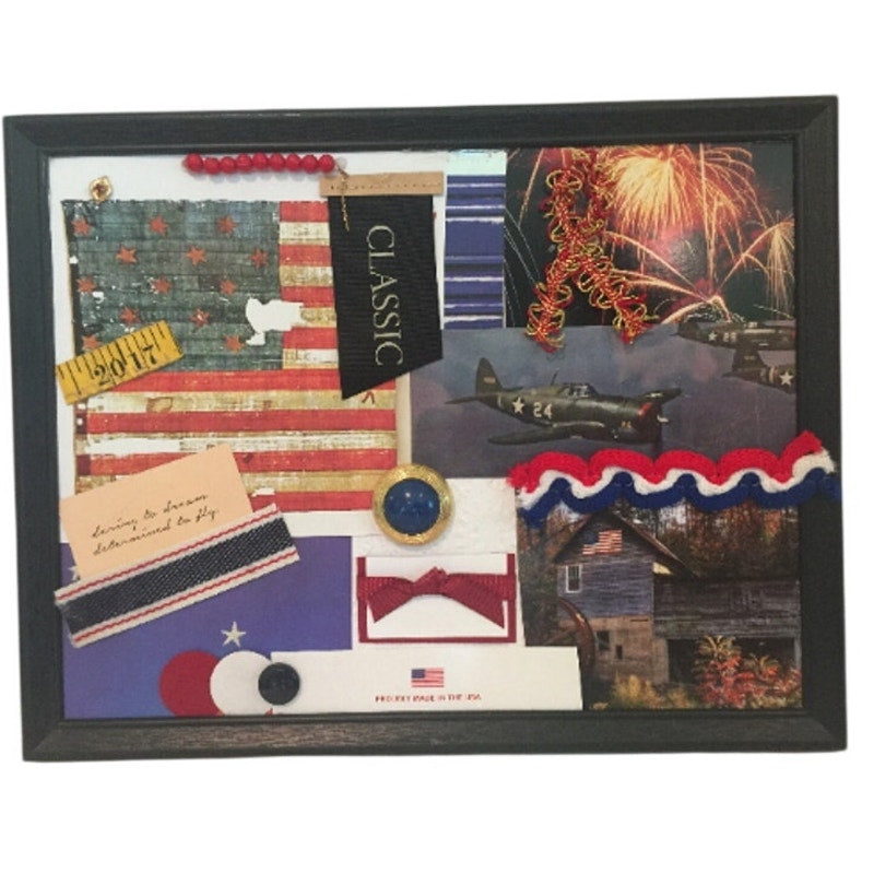 Handmade Patriotic USA Flag Veteran Americana RWB Mixed Media Collage Wall Art