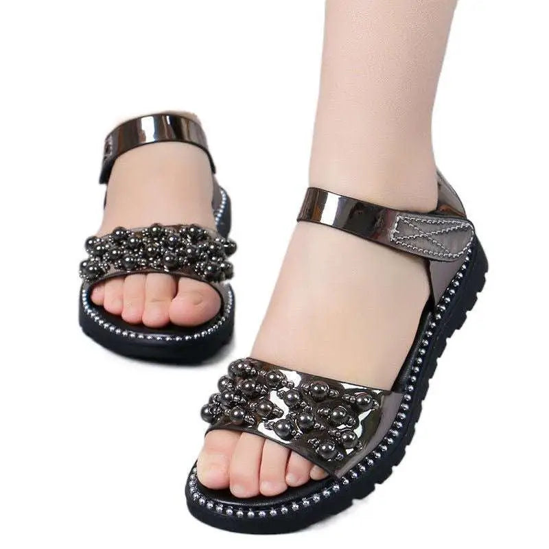 Beaded Black Fish Mouth Princess Student Sandals Korean