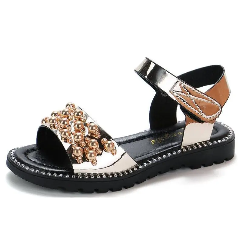 Beaded Black Fish Mouth Princess Student Sandals Korean