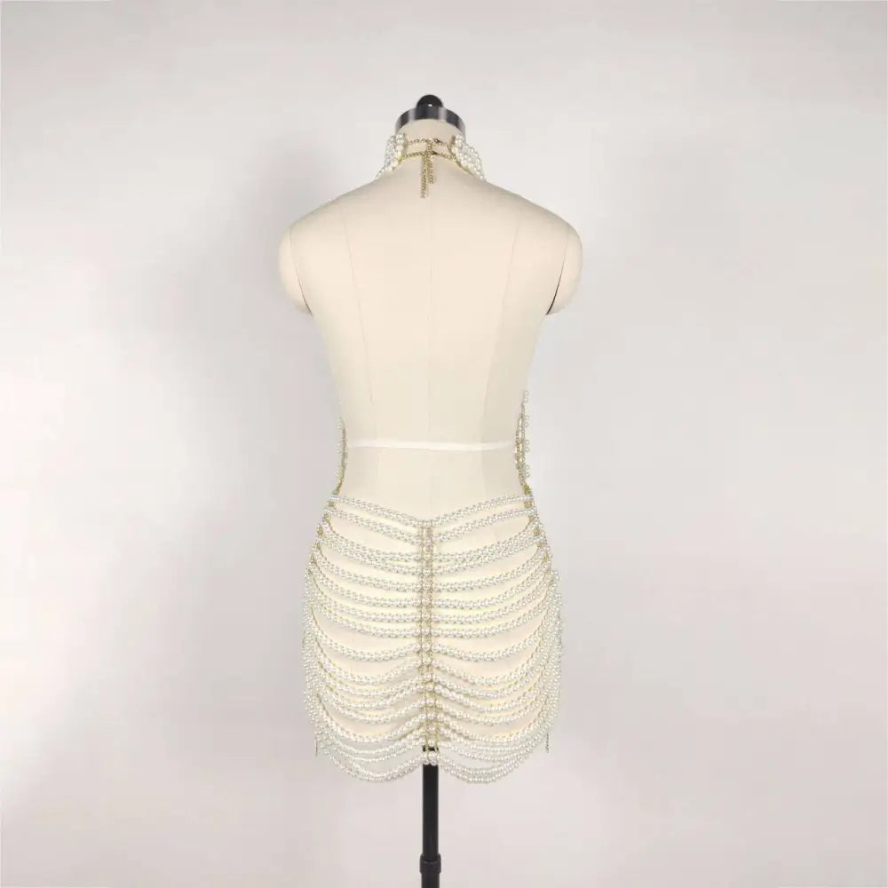 Beaded Halter Fashion Party Pearl Chain Dress