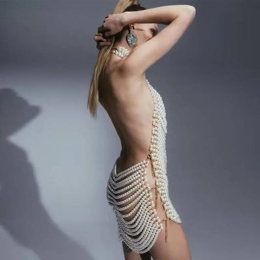 Beaded Halter Fashion Party Pearl Chain Dress